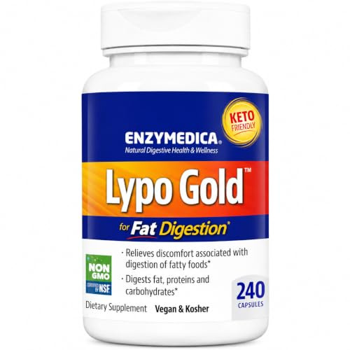 Enzymedica Lypo Gold, Lipase Digestive Enzymes for Fat Digestion, High Potency Blend for Fatty Meal Support and Nutrient Absorption, 240 Capsules, Vegan, Gluten-Free, Non-GMO