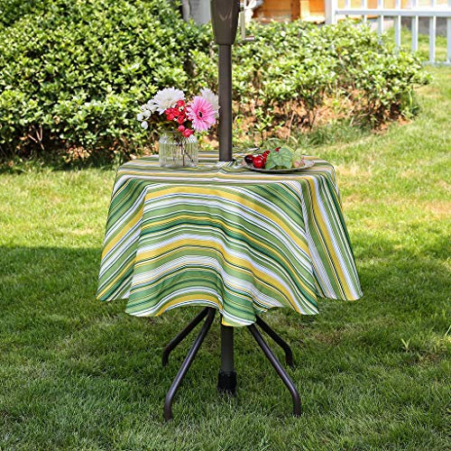 3E Home Outdoor Table Cloth with Parasol Hole, Water Resistant Garden Patio Round Tablecloth with Zipper for Picnics and Parties[52 inches (132 cm) Yellow & Green]