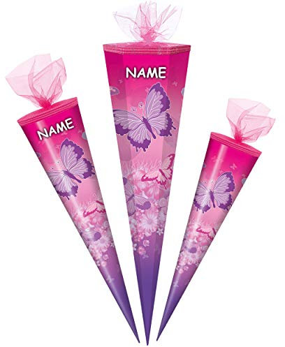 alles-meine.de GmbH Schultüte - Schmetterlinge - 70 cm - incl. Namen - mit/ohne Kunststoff Spitze - Tüllabschluß - Zuckertüte - für Mädchen Schmetterling rosa pink Blumen geblü