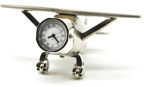 ZAHEPA Flugzeug-Tischuhr mit drehbaren Rädern, Metall-Flugzeug-Design, Papiergewicht, Mini-Flugzeug-Gadgets, Silber