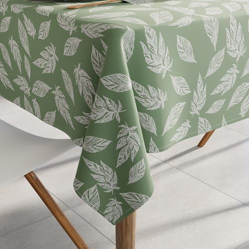 Encasa XO Tischdecke, Bedruckt, Esstisch Tischtuch 145x145 cm | Große Blätter grün, 100% Baumwolle | Maschinenwaschbar | Strapazierfähig | 4 Seater Esstisch | Quadratisch