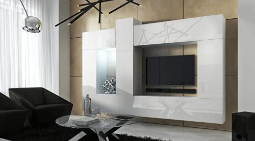 Furnitech Wohnwand Wohnzimmer | Wohnzimmer Möbel mit LED Weiß | Hängend Wohnwand Modern | Wohnzimmer Schrankwand mit Regale und TV Schrank (Future 22_HG_W_4)