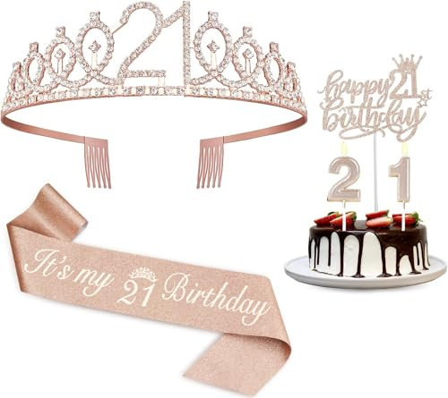 21st birthday decorations for her, Including 21st birthday sash, cake topper, crown, candles,21st birthday gifts for her, 21st birthday decorations for women