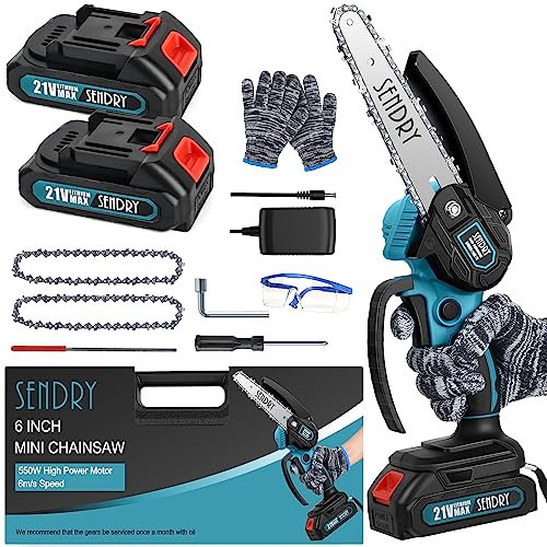 Mini Chainsaw with Safety Lock, 6 Inch with 2 Batteries, 26V Rechargeable Small Chainsaw for Wood Cutting, Branches and Wood Cutting