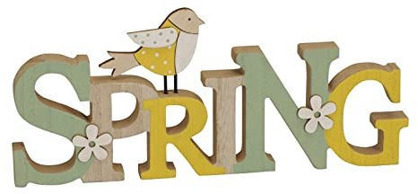 Posiwio dekorativer Schriftzug Spring Frühling mit Vogel und Punkten oder Blume aus Holz (beige gelb grün), ca. 28 x 2 x 13 hoch