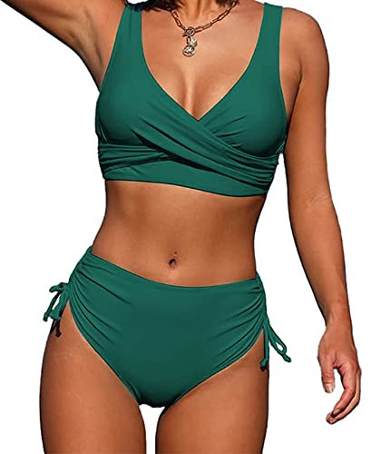 Jarseila Damen Push Up Bikini Set Crossover Bikini Zweiteiler Badeanzug Sexy V Ausschnitt Bikini High Waist Bademode Grün M