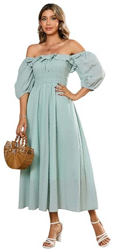 R.Vivimos Women's Polka Dot Slim Fit Half Sleeve Dresses Square Collar Long Midi Dress(Large,Green)