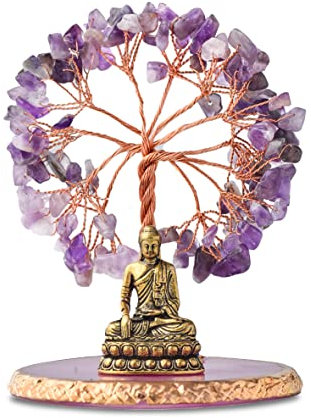 CRUCISRESIN Buddha-Statue mit heilendem Kristallbaum, Baum des Lebens für Positive Energie. Heimdekoration, Yoga-Meditation. Amethyst. (A)