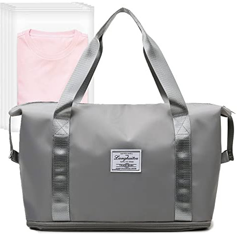 YSYONBOE Sporttasche Reisetasche Damen Herren, Faltbare Wasserdichte Weekender-Tasche Handgepäck Tasche für Flugzeug Outdoor Sportarten Reisen Yoga mit 4 Stücke Zip-Beutel(Grau)