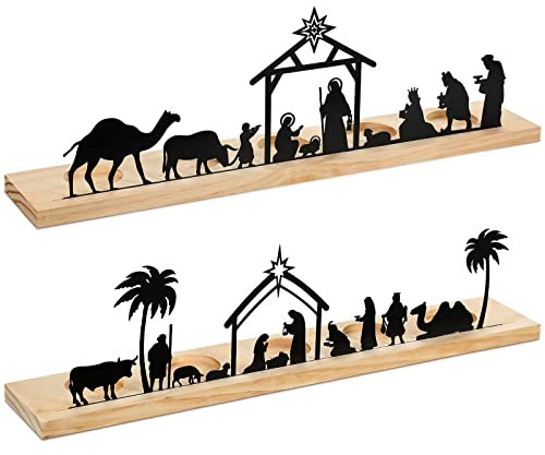 Geelin Weihnachtskrippe Sets Metall Krippendekorationen Moderne Krippe mit Holzsockel Innen Schwarz Krippe Set für Tisch Regal Home Ornament, 2 Stück