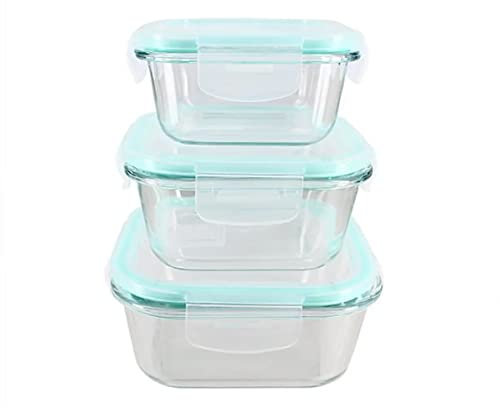HOCHSTE Glass Food Storage Container Set with Plastic Lids (3 Pcs Set)- Healthy Meal Prep Boxes with Airtight Lids Dishwasher, Oven, Microwave & Freezer Friendly Teal - Square