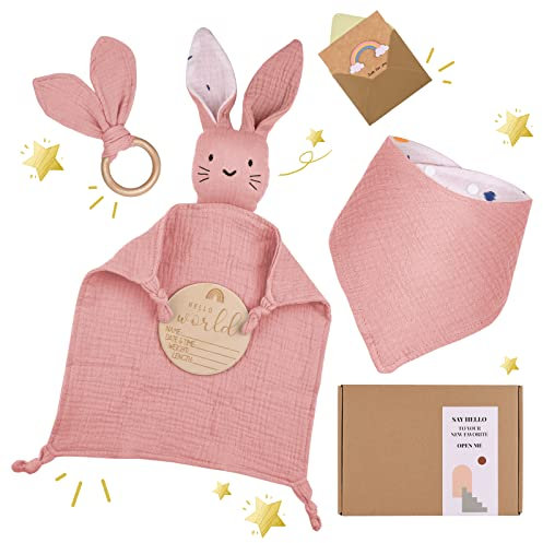 LAFERKA Baby Geschenk Mädchen - Geschenke Zur Geburt | Geschenke Zur Geburt für Mädchen mit 100% Baumwolle Schmusetuch+Lätzchen +Beißring+Baby Holzschild