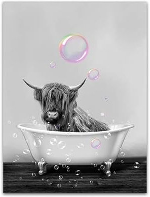 FAIRFOCUS Kunstdruck Poster Bild Auf Leinwand Grauer Hintergrund, Wandkunst, Poster, süßes kleines Tier im Bad, rosa Blasen, Leinwand-Malerei, Bild für Zimmer, Heimdekoration