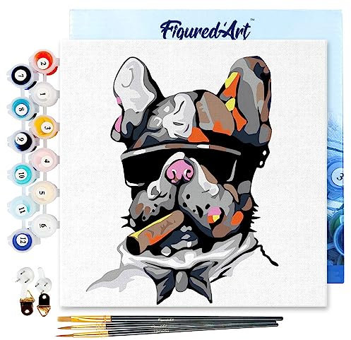 Figured'Art Mini Peinture par Numéro Adulte 20x20cm avec cadre Chien au Cigare - Petit Format Kit de Loisir Créatif DIY Numéro d'Art Complet