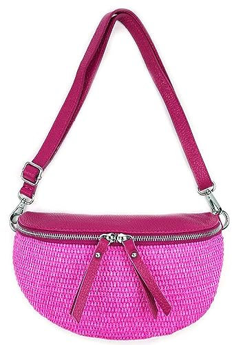 Made in Italy Damen Leder Tasche Basttasche Schultertasche Gürteltasche Sommer Strandtasche Crossbody Bauchtasche Umhängetasche Cross-Over Bodybag Handytasche Geflochten Bast Abendtasche Pink