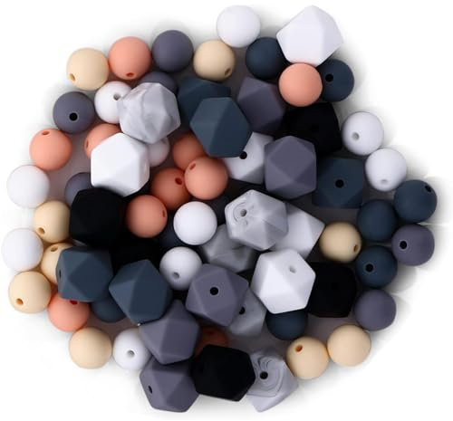 Set de 100 Perles en Silicone - 60 Rondes de 12 mm et 40 Polygonales de 14 mm pour DIY Bijoux et Décoration