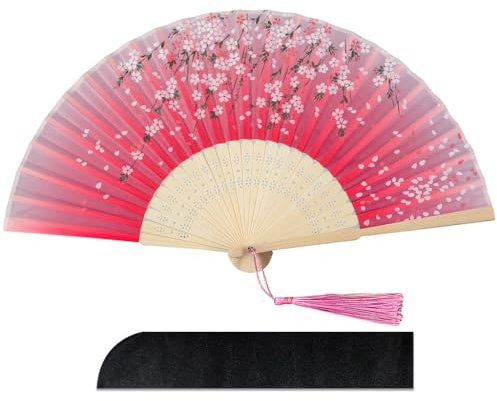 Raveahem Folding Silk Bamboo Hand Fan for men/women Chinese/Japanese Craft Handheld Fan for Gift,Dance,Festival,Club,Freaky,Event,Party,Decoration (Sakura-2)