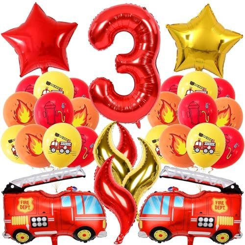 Meanju Feuerwehr Geburtstag Deko 3 Jahre 21 Stück, Feuerwehrauto 3 Geburtstag Luftballon, Kindergeburtstag Feuerwehrauto Deko, Feuerwehrmann Geburtstagsdeko, Geburtstagsdeko 3 Jahre Junge