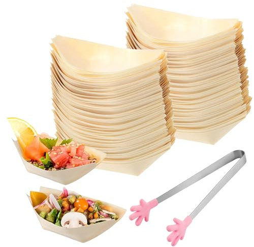 WANDGU 200 Stück Schiffchen Snackschalen: Fingerfood Schalen 8.5 x 6 cm, Holzschale Schiffchen aus Kiefernholz, Biologisch Abbaubar Bambus Schale, Snackschale für Würstchen Pommes Sushi