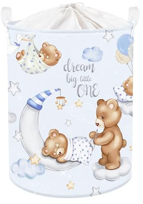 Clastyle 45L Grand Corbeilles à Linge Ours Dormant Bleu pour Garçon Fille avec Poignée Paniers à Linge Sale Repliable Vêtements Jouets avec Couvercle pour Salle de Bain