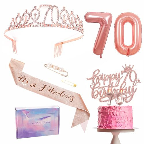 Rose Gold 70th Birthday Decorations for Women - Sash, Tiara Set, Crown, Cake Topper, Number 70 Foil Balloons, Candles - Party Supplies and Gifts for Her