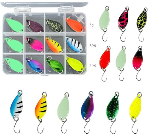 Forellen Spoon Set Forellenköder 2,5g/3,5g/5g,Angelköder Spinner Blinker Set Leuchtköder mit Teilig Einzelhaken Haken Aufbewahrungsbox (12 Stück)