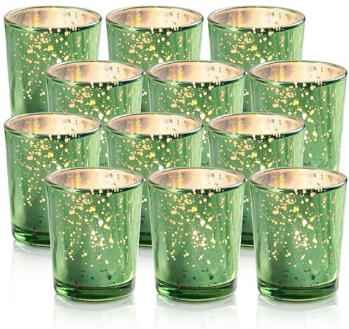 Lot de 12 photophores Verts en Verre Mercure Parfaits pour Mariage, fête, décoration d'intérieur (Vert)