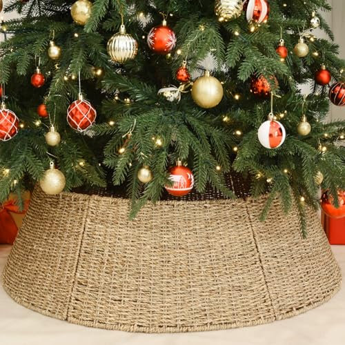 Rocinha 81,3 cm extra großer Rattan-Weihnachtsbaum-Kragenkorb – rustikaler handgefertigter Weihnachtsbaumständer Abdeckung gewebter Baumrock Kragen Weihnachtsbaumschmuck Bauernhaus Innendekorationen