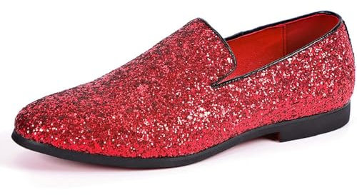 SPONYBORTY Herren-Loafer metallisch strukturiert Slip-On glitzernde Pailletten modische Hausschuhe Hochzeitskleid Schuhe Rot Blau Grün Gold Silber shoes/H/46EU