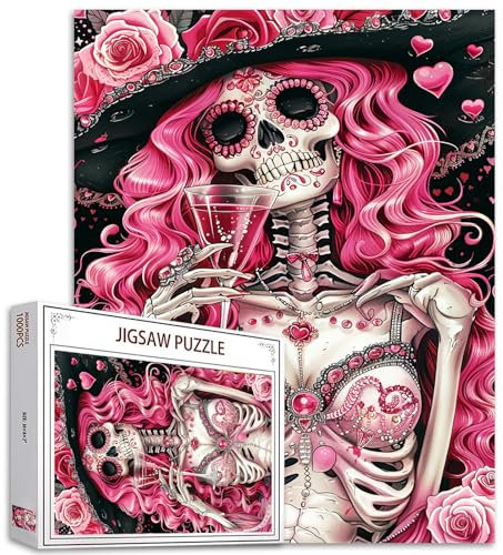Tucocoo Skelett-Frauen-Puzzles für Erwachsene, 1000 Teile, rosa Rosen, Glas, Weinschädel, Kunst-Puzzle, bunt, DIY-Bastelpuzzles für Heimdekoration, Geschenke, Familienpuzzle, perfekt für Spieleabende