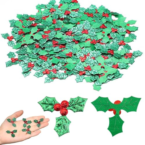 100pcs Christmas Leaves Decoration Holly Berries Embellishments Christmas Applique Patches DIY Crafts for Holiday Wreath Arrangement Tag Card Making（3cm）
