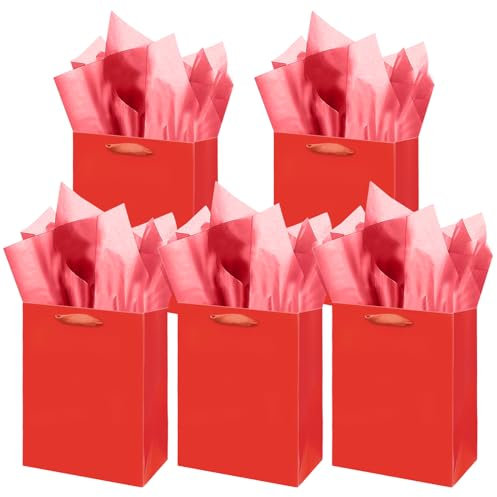 Gcardist Rote Geschenk Taschen mit Tissue Papier für Hochzeit, Geburtstag, Party Supplies-20x11x24cm Mittlere Größe Karton Geschenk Taschen (8x4.3x10Inch,5pcs Taschen +10pcs Tissue Papier)