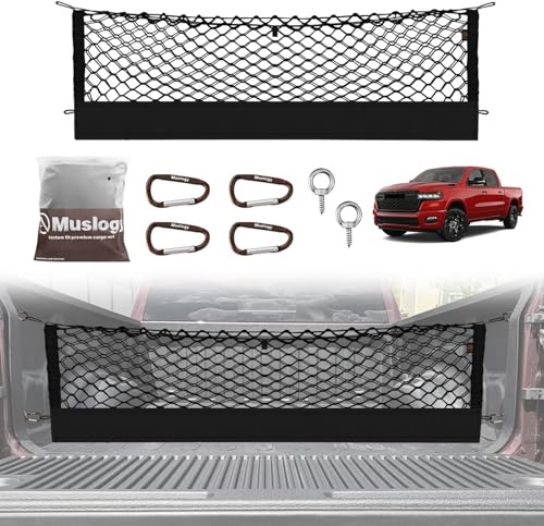 Muslogy LKW-Bett-Frachtnetz, kompatibel mit Dodge Ram 1500 2019–2025, Zubehör, Bettaufbewahrungsnetz, Cargo-Organizer, Pickup, LKW, Bett, Umschlag-Stil, Frachtnetz mit robusten Karabinern, 10