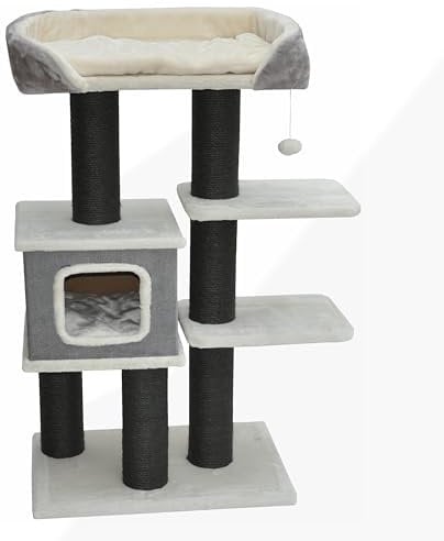 nanook Kratzbaum Katzenkratzbaum für Katzen - Katzenhöhle - Schwarze Sisalstämme - kuschlieger XL Schlafplatz - 119 x 77 x 42 cm - grau beige