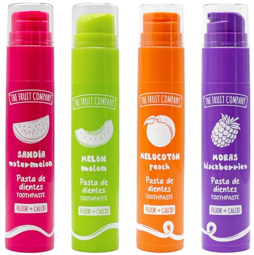 The Fruit Company Pasta Dental Flúor + Calcio Pack de 4 Unidades, sin azúcar con Sabor a Melón, Moras, Melocotón y Sandía en Fórmula Vegana
