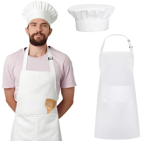 HZYIQ Set de Gorro de Cocina y Delantal para Hombres Mujeres Adulto, Delantal de Cocina Impermeable Ajustable con 2 Bolsillos y Profesional Gorro de Chef Elástico para Cocina (Blanco)