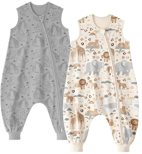 Unnivoll Baby Schlafsack mit Füßen 0,5 Tog Schlafsack Baby Sommer 2er Pack Baumwolle Schlafsack mit Beinen Babyschlafsack Weich 80 cm für Jungen Mädchen Beige Grau Elefanten