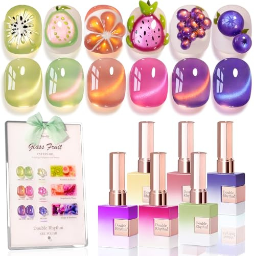 Double Rhythm Fruit Cat Eye Gel Nail Polish Set of 6 0.5 Oz Glitter Glitter Gel Nail Polish with Magnet Holographic Reflective Magnetic UV Nail Polish for Use