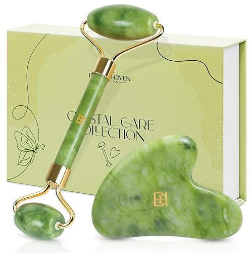 Enigma Haven London® Ensemble rouleau de jade et Gua Sha – Outils de massage du visage en jade authentiques pour homme et femme | Réduit les poches, apaise les muscles et sculpte la mâchoire | Cadeau