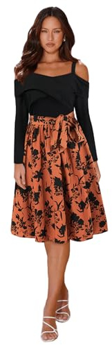 HEYPORK Damen Frühling Sommer Kleider Lässig Bequem Kleid Modern Elegant Röcke Frauen Slim Temperament Langärmelige Einzeiligen Kragen Trägerlosen Floralen A-Linien-Kleider(Braun, L)
