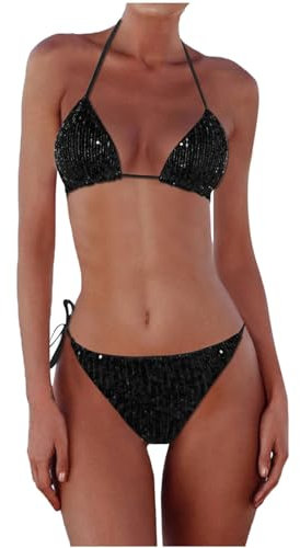 Sexy Neckholder Bikini-Set High Waist mit Push-Up, Tanga und Pailletten - Zweiteiliger Badeanzug mit Bauchweg-Effekt, Triangel-Form, Mehrfarbig