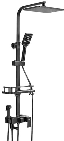 Colonne de Douche 4 en 1 40°C Thermostat 85-125cm Réglable en Hauteur Colonne de Douche avec Pommeau de Douche 34x29cm 3-4 Mitigeur avec Tablette (Noir 4 Arrêts)