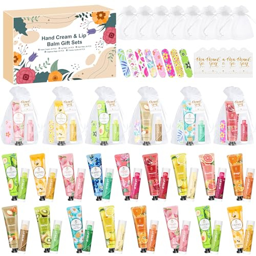 24 Sets Bulk Gifts For Women, Hand Cream Lotion, Lip Balm, Mini Nail Files Gifts Set with Organza Bags, Thank You Card, Baby Shower Bridal Wedding Favor for Guests, Christmas Gifts for Women