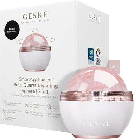 GESKE Rose Quartz Depuffing Sphere | 7 in 1 | Anti-Schwellungen | SmartAppGuided | Massagen für Gesicht, Hals & Dekolleté | Face Yoga | Rosenquarz-Gesichtsroller | Mit Serum-Behälter