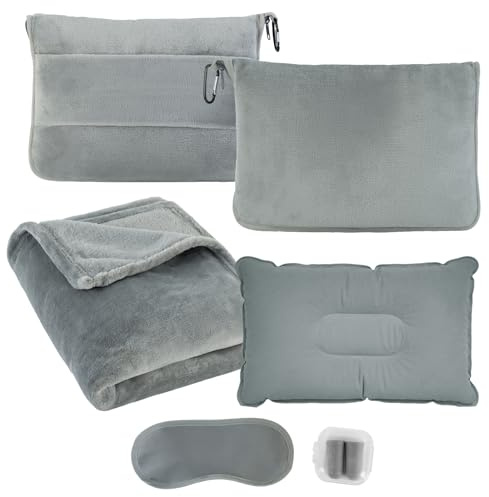 Lonxio 3 in 1 Reisedecke Ultraleicht und warm für Flugzeug und Auto - Tragbares aufblasbares Flugzeug Kissen mit Hülle, Gepäckhülle, Rucksackclip, Augenmaske und Ohrstöpseln(Grau)