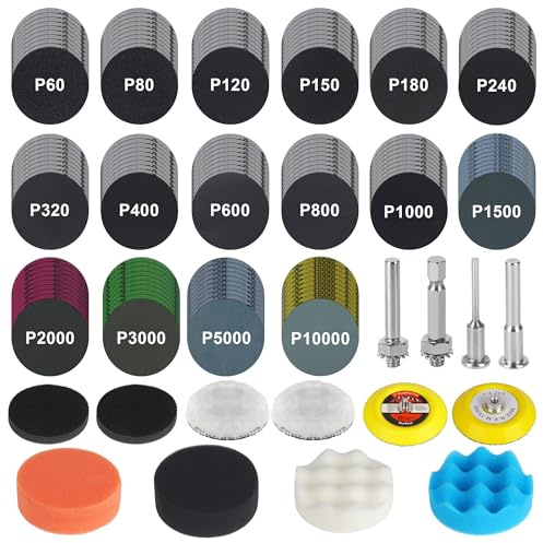 Accessorio lucidante da 174 pezzi per avvitatori a batteria, tamponi abrasivi da 75 mm, velcro, grana 60-10000, carta vetrata a umido/asciutto, tamponi per lucidatura fari, accessorio levigante