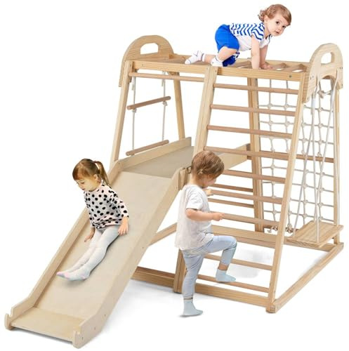 GYMAX 8 in 1 Kids Climbing Set, Indoor Playground Jungle Gym with Slide, Climbing Ladder/Net, Monkey Bars, Swing & Rope Ladder, Wooden Toddler Climber Playset for 3-5 Years Old (Natural)