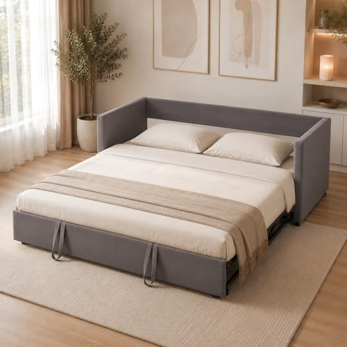 HFASD Tagesbett Ausziehbar 90/180x200 cm, Ausziehbett Gleiche Höhe mit Lattenrost, Gästebett Ausziehbar, Bett Ausziehbar zum Doppelbett, für Schlafzimmer, Wohnzimmer, Samt, ohne Matratze (Grau)