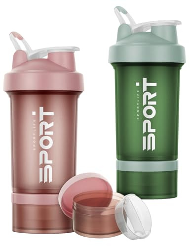Alaoo Protein Shaker Bottle, 2Pcs Shaker Protein Shakes with Mix Ball Pill Organizer and Storage, Sports Water Bottle for Sports People Fitness Enthusiasts in Gym and Outdoor, Green and Pink