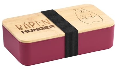 Kesper | Brotdose mit Bambusdeckel und flexiblem Stoffband, Material: Kunststoff/FSC®-zertifizierter Bambus, Gravur „Bären Hunger“, Maße: 18,5 x 10,5 x 5 cm, Farbe: Rot | 58543